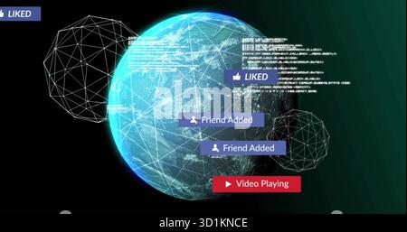 Displaying digital Earth globe spinning in tech interface, with notifications, shapes and code Stock Photo