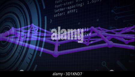 Displaying purple 3D wireframe graph over dark grid UI showing CSS code panel and circular HUD Stock Photo
