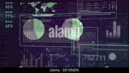 Showing two overlapping pie charts on dashboard, with keyboard, world map, bar charts line graphs Stock Photo