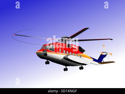 Red and white ambulance helicopter flying in the air, blue sky in the background Stock Vector