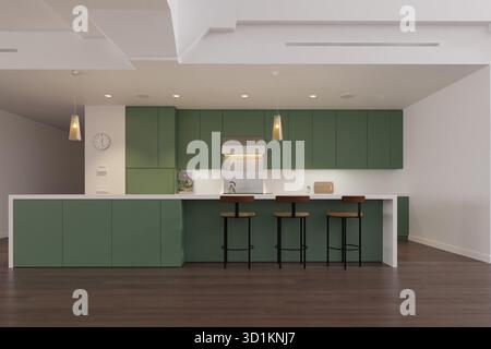 A wide shot of a modern minimalist kitchen with green cabinets, a white island, and dark wood floors. The scene includes bar stools, pendant lights, a Stock Photo