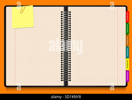 Open spiral notepad showing blank squared pages with bookmarks and sticky note, useful for business or education designs. Hand drawn Stock Vector