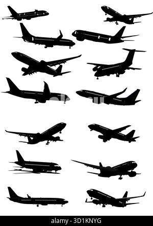 Set of silhouettes featuring passenger airplanes taking off and landing. Hand drawn Stock Vector