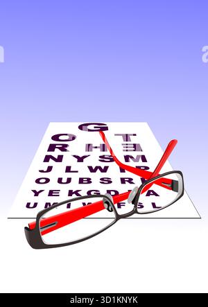Red eyeglasses are resting on a snellen eye chart, suggesting an upcoming vision test, hand drawn Stock Vector