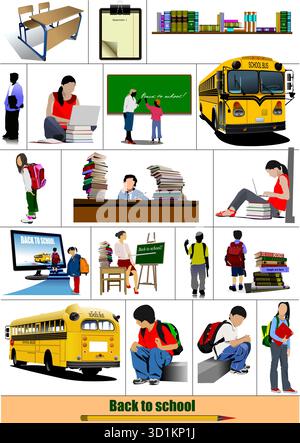 Collage of students, teachers and school supplies celebrating back to school. Hand drawn illustration Stock Vector