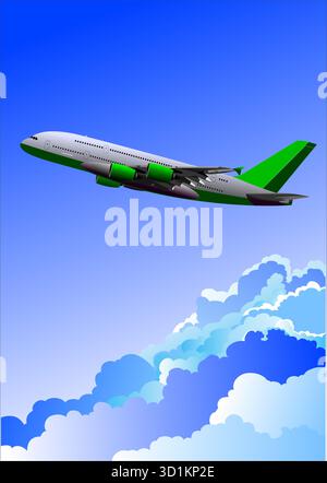 Big airplane flying above the clouds on a sunny day. Hand drawn illustration Stock Vector