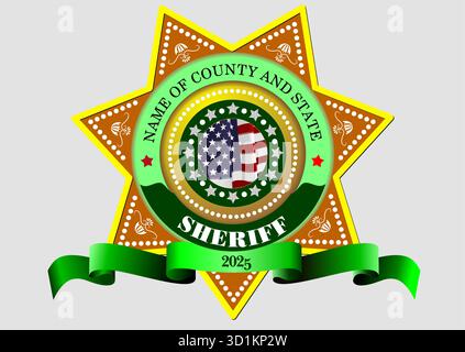 Sheriff badge featuring an american flag waving in the wind and room for text, hand drawn Stock Vector