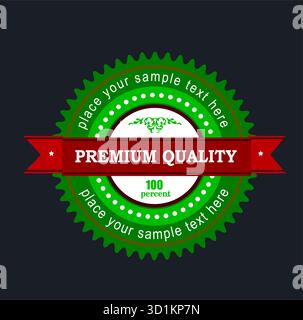 Green and red premium quality badge guaranteeing one hundred percent satisfaction, hand drawn Stock Vector