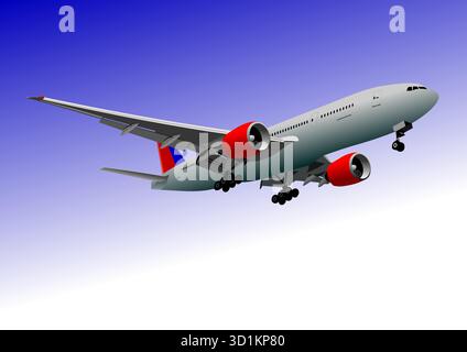 Illustration of a big passenger airplane flying high in the blue sky, hand drawn Stock Vector