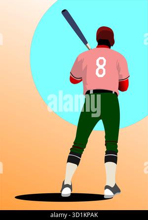 Baseball player standing on the field holding a bat. Hand drawn illustration Stock Vector