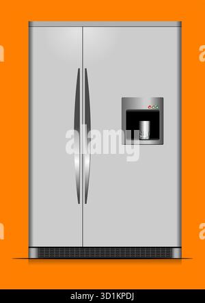 Illustration of a modern refrigerator dispensing cold water into a glass, hand drawn Stock Vector