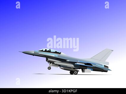 Fighter jet plane taking off from the runway against blue sky background. Hand drawn illustration Stock Vector