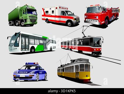 Collection of city transport vehicles, including buses and trams, alongside emergency vehicles, showcasing urban mobility and essential services. Hand Stock Vector
