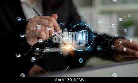 An AI-powered system for automating data workflows. The central intelligence processes and distributes information, managing complex data pipelines as Stock Photo