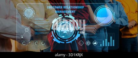 This image showcases a modern depiction of customer relationship management, featuring data analytics and collaborative teamwork within a professional Stock Photo