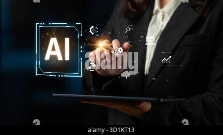 Concept of an enterprise Artificial Intelligence platform. The system integrates with various business processes like data analysis, cloud computing Stock Photo