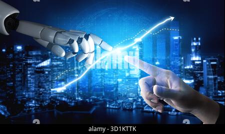 A close-up view of a human hand reaching towards a robotic hand against a futuristic city skyline at night, symbolizing technological advancement and Stock Photo
