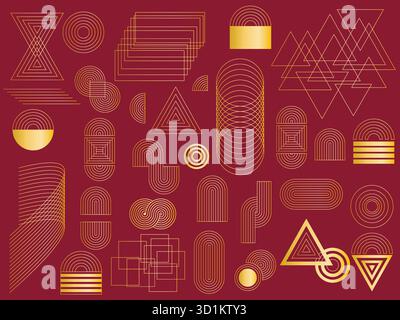 Set of gold geometric elements on red background. Circles, squares, rectangles, triangles, their connections clip art. Golden Art Deco symbols Stock Vector