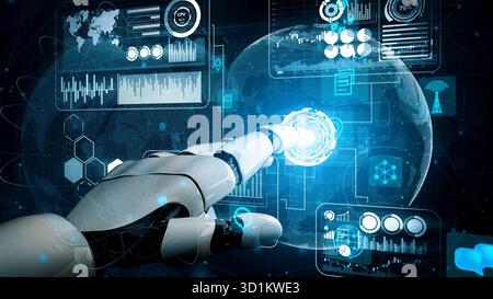 A robotic hand interacts with a complex holographic interface filled with digital data, showcasing the intersection of technology and innovation in a Stock Photo