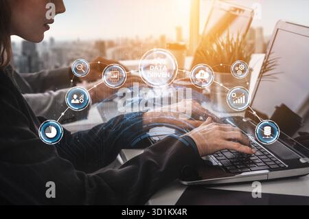 Data-driven decision-making empowers business through analytics, datum collection, and AI systems. Data driven tools support cloud data processing and Stock Photo