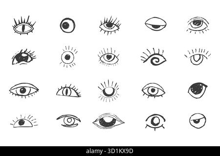 Eyes Crazy set doodle black eyes. Open eye creative hand drawn human parts of faces elements, various opened eyes. Black ink vision icon, hand drawn grunge ophthalmologist symbol, drawn charcoal eyes. Vector illustration Stock Vector