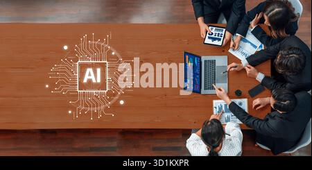 A diverse team of professionals collaborates on an artificial intelligence project, utilizing technology to analyze data and develop innovative strate Stock Photo