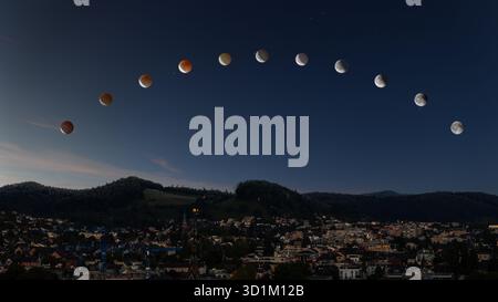 Composite of lunar eclipse sequence on September 07. 2025 over the Swiss city Baden. Stock Photo