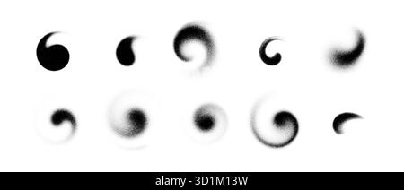 set Abstract shape swirl background with grain, gradient, and noise effects. Dots, spray, and halftone textures flow in liquid motion, creating a Stock Vector