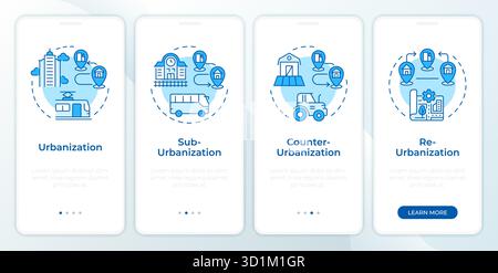 Types of urbanization blue onboarding mobile app screen Stock Vector