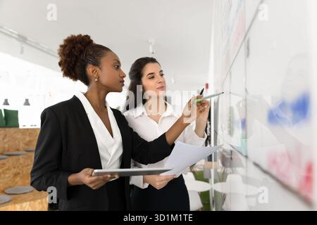International team two businesswomen examine project stages on timeline wall Stock Photo