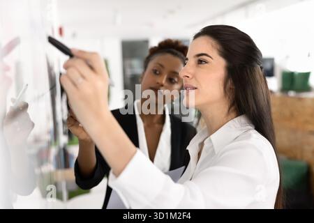 Two concentrated businesswomen creating marketing campaign at glass calendar wall Stock Photo