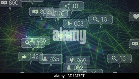 Displaying floating notification icons over dark mesh grid, with chat bubbles and heart callouts Stock Photo