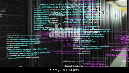 Streaming neon code overlays across central server racks in data center corridor, flashing LEDs Stock Photo
