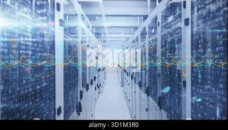 Streaming binary data floating through data center corridor, with LED status lights on server racks Stock Photo