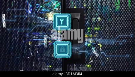 Featuring server rack door handle in data center, showing holographic key and padlock icons Stock Photo