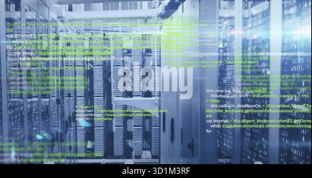 Displaying rack-mounted servers glowing LED indicators in data center, with floating code overlay Stock Photo