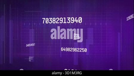 Displaying large white numeric string at center of purple grid interface, with floating panels Stock Photo