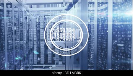 Floating circular interface overlay showing numeric data in server corridor with racks and cables Stock Photo