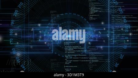Displaying control panel showing glowing circuitry, circular gauge and code snippets in virtual UI Stock Photo