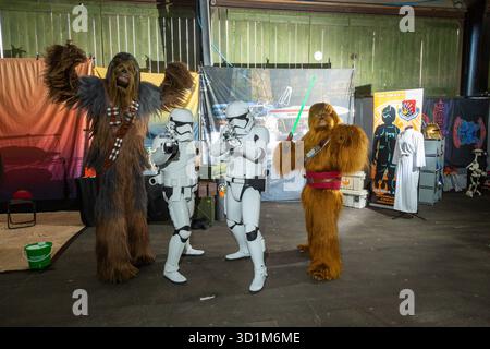 Chewbacca and two Stormtroopers cosplayers at Comic Con Scotland, Royal Highland Centre, Ingliston, Edinburgh, Scotland Stock Photo