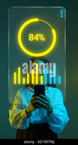 Trendy collage. Woman viewing digital data analytics dashboard on smartphone with glowing hologram Stock Photo