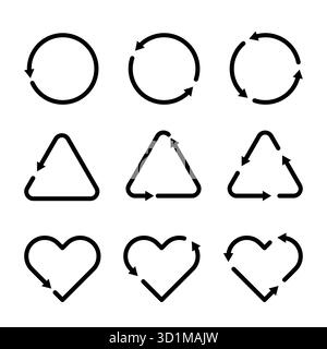 Recycling and loading icons set. Circle, triangle, and heart arrow symbols. Vector illustration. Environmental awareness, sustainability concepts. Stock Vector