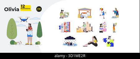 Curvy latina woman with work, holidays, depression cartoon flat illustrations mega bundle Stock Vector