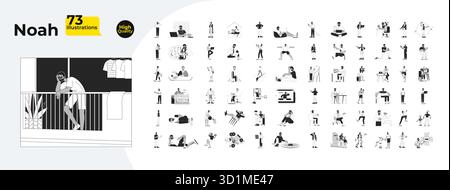 Black man character with daily life, work and activities outline illustrations mega bundle Stock Vector