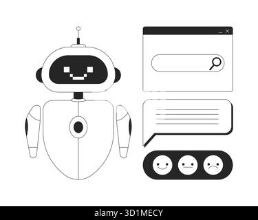 AI chatbot with search bar and feedback interface 2D line objects set Stock Vector