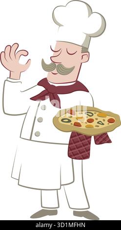Retro style illustration of an Italian cook holding a pizza. Stock Vector