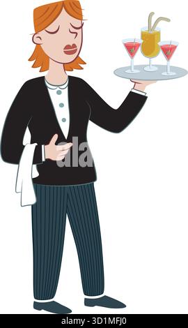Retro style illustration of a young waitress holding a tray with drinks. Stock Vector