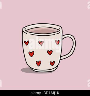 Cartoon cup decorated with small red hearts, filled with a warm drink on a pink background. Stock Vector