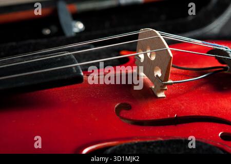 Fragment of violin and bow in case Stock Photo