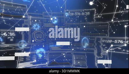 Displaying wireframe cluster floating in 3D network, with connecting lines and holographic nodes Stock Photo